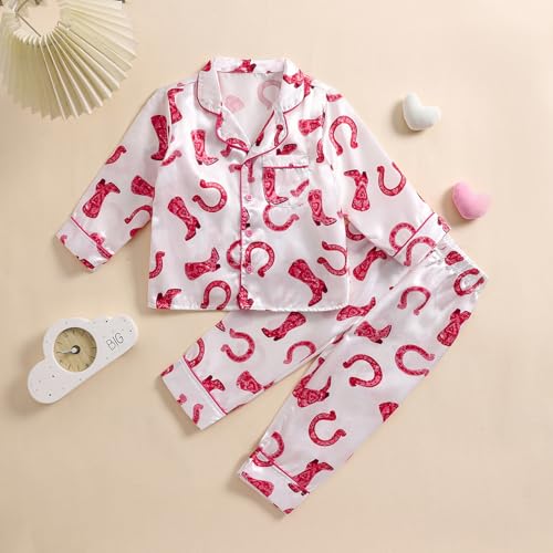 Western Baby Girl Silk Pajamas Set Cowgirl Button Down Long Sleeve Shirts Tops and Pants 2 Piece Satin Pj Lounge Sets2