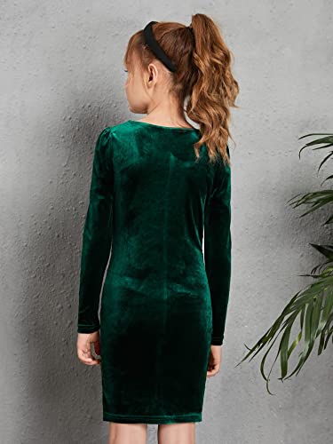 Wdirara Girl's Ruched Sweetheart Neck Long Sleeve Velvet Bodycon Pencil Dress Dark Green 11-12Y #TOP1