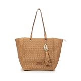 Capazo playa - Bolso de Rafia Mujer Grande - Capazo de Rafia para Hombro con Cierre de Cremallera, Asas Largas y Adorno de Conchas, Bolso Tote de Verano (Tono Natural)