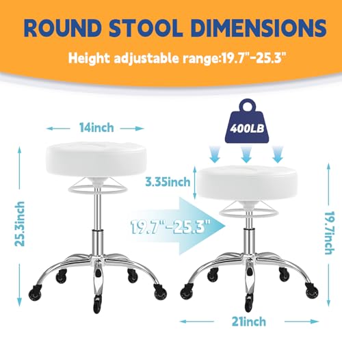 Image of Rolling Stool Heavy Duty 400lb: Super Soft Seat Cushion,360 Swive,Height Adjustability,No Squeaky Noises,No Tip Over,New Upgraded Stool Salon stool Chair, Tattoo Facial Massage Spa Medical (White)