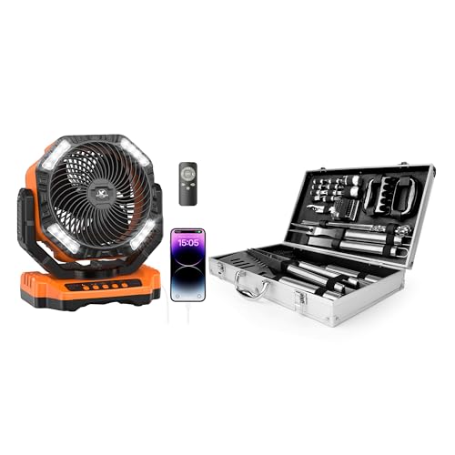 KITWLEMEN Ultimate Camping Bundle: 32P BBQ Tool Set with Aluminum Storage Case & 40000mAh Auto-Oscillating Battery Fan with Light, Got You Covered for A Perfect Camping Adventure