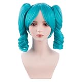Wihasoe Girl Teal Blue Wigs with Bangs Kids Aqua Blue Wigs with 2 Ponytails Child Short Wavy Curly Synthetic Wig Halloween Daily Costume Wig
