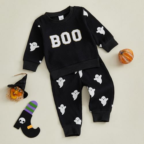 Toddler Boy Girl Halloween Outfit Embroidery Boo Crewneck Sweatshirt Ghost Pants Set Baby Fall Winter oversize Clothes4