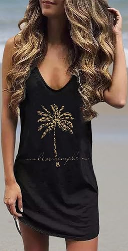 Image of Live Simple Coconut Tree Sleeveless Dress Sunshine Sand Beach Women's Summer Casual V Neck Mini Dress