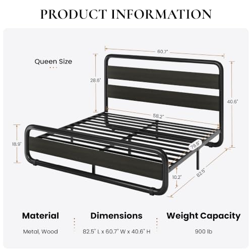 Image of SHA CERLIN Queen Size Metal Bed Frame with Wooden Headboard and Footboard, Heavy Duty Oval-Shaped Platform Bed with Under-Bed Storage, Noise Free, No Box Spring Needed, Black