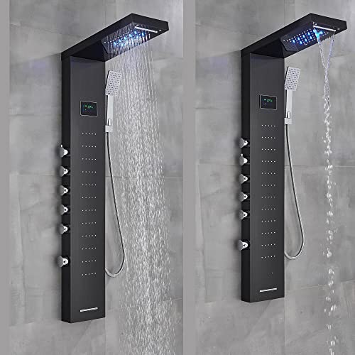 Columna de Ducha LED con Panel de Masaje, Chorro Lluvia y Cascada, Acero Inoxidable Negro, Duchador de Mano miniatura 2