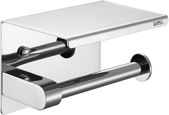 Amazon Brand - Umi - Toilet Paper Holder Storer with Shelf Stainless Steel Mirror Surface Wall Mounted Drilling Non Slip Design for Bathroom Washroom Silver
