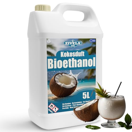 ZIVELA Bioéthanol 96,6 % 5 l | Alcool bio parfum noix de coco 96,6 % 5 l | Cheminée au bioéthanol | Parfum noix de coco | Combustion propre, sans fumée,...
