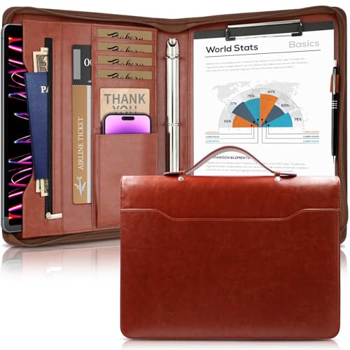 IYGHV Faux Leather Portfolio Binder with Handle & Clipboard, Zippered Padfolio Folder Organizer 3 Ring Binder for Document, Business Card Holder,Professional Portfolio Notebook for Men & Women (Brown)