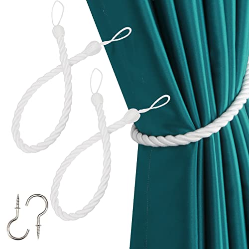Fenghuangwu Curtain Tiebacks Ropes Tie-Backs, Handmade Curtain Holdbacks Made From Rayon With 2 Metal Screw Hooks - Ivory White 2 Pack #TOP15