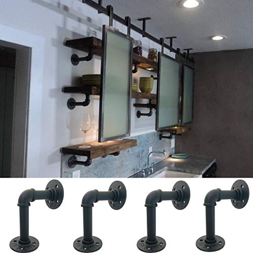 Yuanshikj Industrial Pipe Shelf Brackets Double Flange Bracket Iron Metal Fittings DIY Shelves Vintage Furniture Wall Mounted Heavy Duty Decorative Rustic Shelving Bracket (8Pc 3.9\"x5.9\" Black)