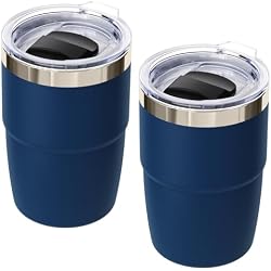 Cafezi 8 oz Small Coffee Cup with Magnetic Lid, Ceramic-Lining | 18/8 Stainless Steel, Double-Wall Vacuum Insulated, Stackable, Dishwasher Safe, Mini Tumbler for On-the-Go, 2 Pack, Navy
