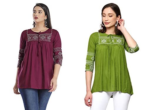 Image of Shiva Fab Short Kurti for Women | Embroidered Straight Rayon Kurta | Round Neck Full Sleeves Short Kurti for Women's Combo Pack of 2