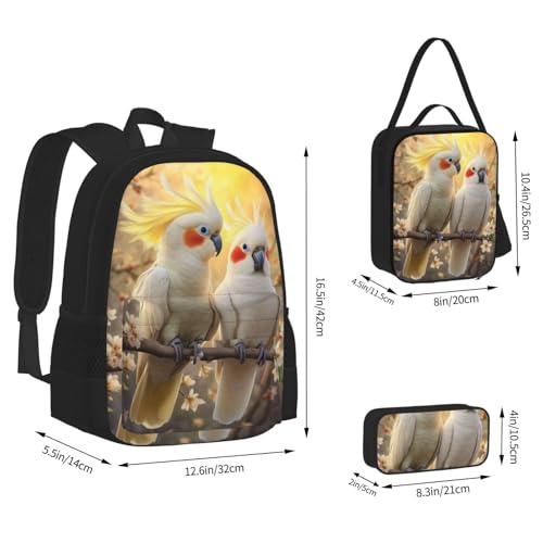 Cute Cockatoos Floral Backpack With Pencil Case Lunch Bag Combination For Women Men4