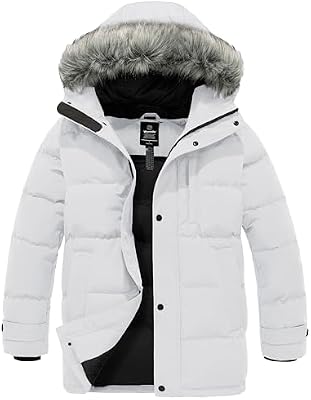 Wantdo Men's Windproof Winter Jacket Insulated Bubble Jacket with Hood (White, Large)