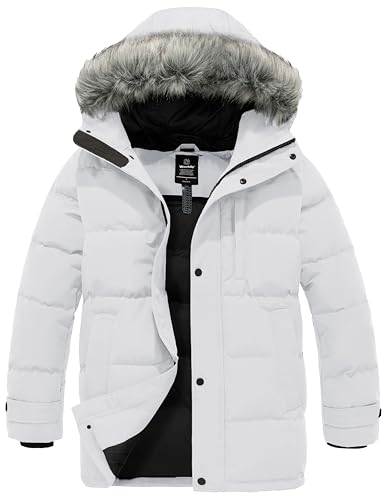 Wantdo Men's Windproof Winter Jacket Insulated Bubble Jacket with Hood (White, Large)