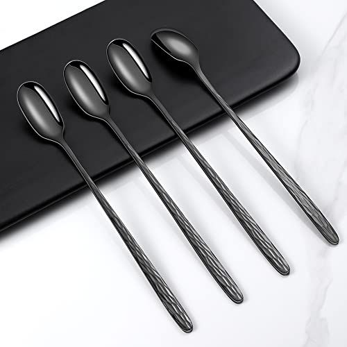 Black Texture Long Handle Spoons, Yfwood 9.1-Inch Cocktail Mixing Spoons, Coffee Spoons, Ice Cream Spoons, Premium18/10 Stainless Steel Iced Tea Spoons - Set Of 4 #TOP24
