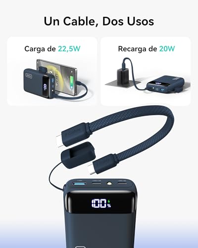 Bateria externa ultrapequeña INIU 20000mAh color azul con cable tipo C de carga rapida 5