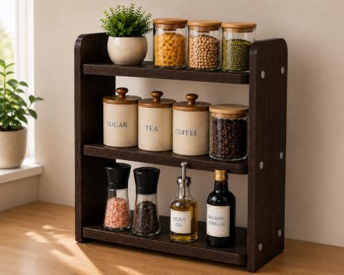 Image of 3-Tier Kitchen Organizer Rack for Countertop, Engineered Wood Spice Rack Shelf, Space Saving Storage Stand for Kitchen, Bathroom & Office, Easy Assembly, Dark Brown