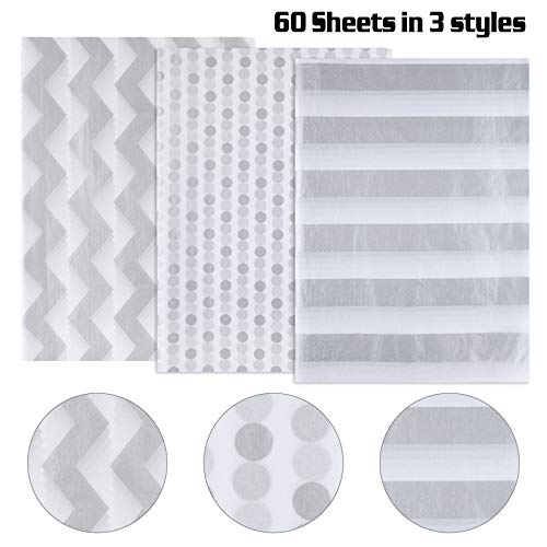 image for MIAHART 60 Pcs Silver White Tissue Paper Bulk 3 Style Decorative Metal
