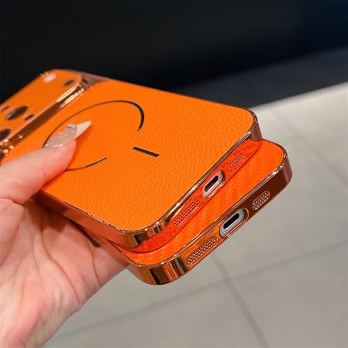 Coque iPhone 13 Pro Max magnétique orange en fibre de carbone texture litchi mat - 5