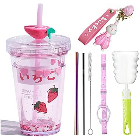 seelucky Strawberry Travel Tumbler with Straw Sparkling Mug Ice Cup Glitter Water Bottle Party Cup Picnic Gift (red strawberry, 320 ml) Cover