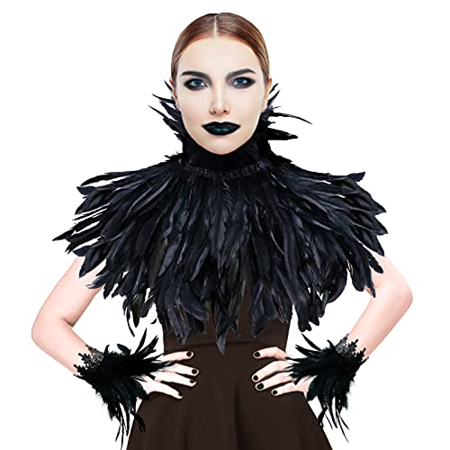 Gothic Real Black Feather Cape Shawl Shoulder Wings Choker Collar with 1 Pair Feather Cuffs, Unisex Fashion Cape Shrug Shawl Stole Poncho, Halloween Cosplay Costume Party for Women Men