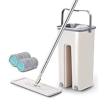 Mop Heavy Quality Floor Mop with Bucket, Flexible Kitchen tap Flat Squeeze Cleaning Supplies 360 Flexible Head/2 Reusable Pads Clean Home Floor Cleaners ((Black))