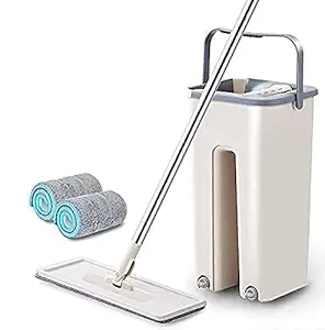 Mop Heavy Quality Floor with Bucket, Flexible Kitchen tap Flat Squeeze Cleaning Supplies 360 Flexible Head/2 Reusable Pads Clean Home Effective for Floor Cleaning