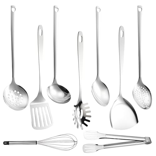 Dxiongw Juego De Utensilios De Cocina De Acero Inoxidable 9 Piezas Con Espátula Cucharón Espumadera Batidor Pinza Y Servidor De Pasta Utensilios De Cocina Apto Para Lavavajillas Pequeños Accesorios