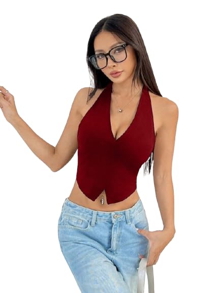 Image of TIVANTE Solid Casual V-Neck Sleeveless Regular Fit Crop Top for Women | Stylish Western Women Crop Top for Summer|