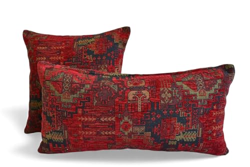 Kilim Designed Machine Woven Fabric Pillow Cover Soft Ethnic Pattern Lumbar Pillow Cover Oriental Cushion Cover Tribal Pillow Case Double Sided Chenille Fabric Pillow Cover (12 x 20 in)