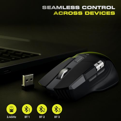 Image of Amkette XS Series Flow S Ergonomic Wireless Mouse /Bluetooth Mouse with Side Scroll, 2.4G + 3xBT, 7 Buttons, Multi-OS,3200 DPI Adjustable, 1000Hz Polling, 800mAh Rechargeable