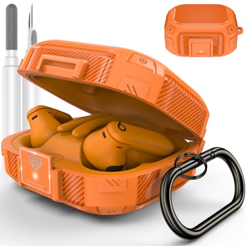 [Upgrade Secure Lock] for Beats Powerbeats Pro 2 Case Cover LDSXAY Carbon Fiber Shockproof Protective Cover for Powerbeats Pro 2 2025 with Cleaner Kit & Carabiner (Orange)