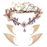 Merroyal Moon Vintage Crystal Headpieces Leaf Rattan Crown Hair Acessories with 2 Pairs Latex Elf Ear for Women Girls (W Purple and Gold Leaf Crown)