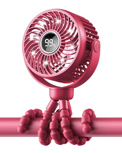 Bearwind Mini Portable Stroller Fan for Travel,360° Rotation,4-Speed LED Night Light Clip on Fans Operated by Rechargeable Battery, Cordless Fan with Tripod Car Seat Baby Pram (Rose red)