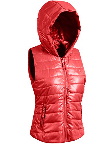 J. LOVNY Women's Fitted Lightweight Puffer Zip Up Hood Ves-JLWJ02-RED-S