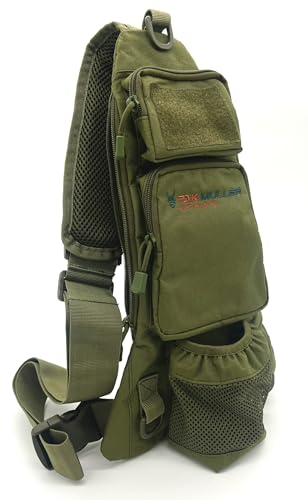 Pak Muller Crossbody Sling Bag Water Bottle Holder, RFID Back Pocket, Travel, Hiking, Everyday Go Bag, Chest Bag, Unisex, Slim Profile, Mid-Size (Forest Green)