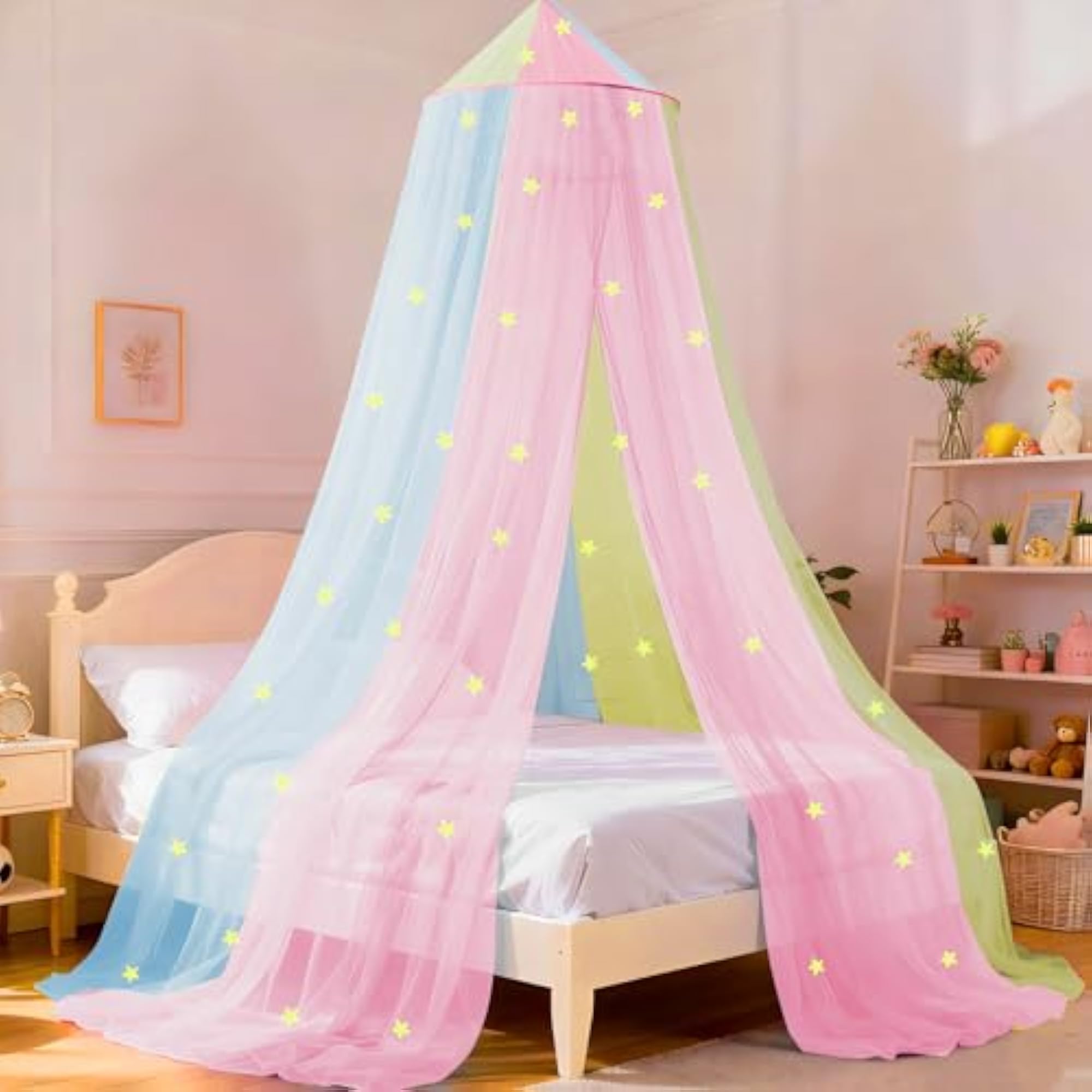 Rainbow Bed Canopy for Girls with Glowing Stars