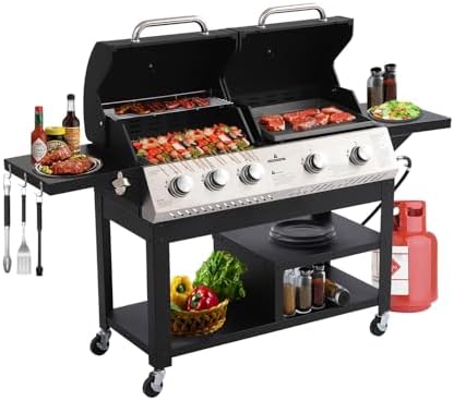 5-Burner Propane Gas Grill and Griddle Combo, Dual Zone Outdoor BBQ with 54,000 BTU 627 SQ.IN. Stainless Steel & Porcelain Cast Iron for Outdoor Cooking Kitchen, Garden, Patio Backyard Barbecue