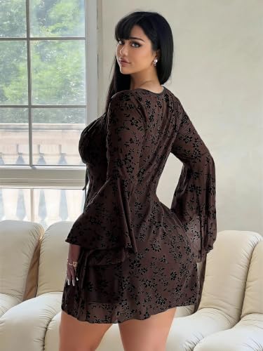 Image of Floerns Women's Plus Size Floral Gothic Dress Flare Long Sleeve Mesh Grunge A Line Dress