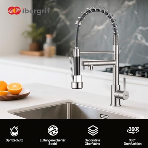 Ibergrif M22144A Küchenarmatur Ausziehbar mit Brause, Wasserhahn Küche Spiralfeder 360° Schwenkbar, Spültischarmatur Einhebelmischer 2 Strahlarten, Hochdruck Mischbatterie Edelstahl