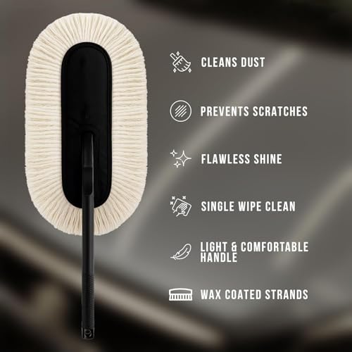 Image of Car Duster with Paraffin Wax-Treated Cotton Strands | Scratch-Free Dry Dust Cleaner for Cars | Lint Free Reusable Exterior Cleaning Brush