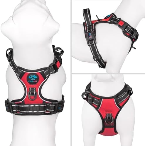 PHOEPET Reflective Dog Harness Large Breed Adjustable No Pull Vest with with Handle 2 Metal Rings 3 Buckles [Easy to Put on & Take Off](M, Red)