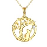 KECHO Collar de gato del árbol de la vida para mujer, oro amarillo de 14 quilates, colgante de árbol de la vida, regalo de cumpleaños
