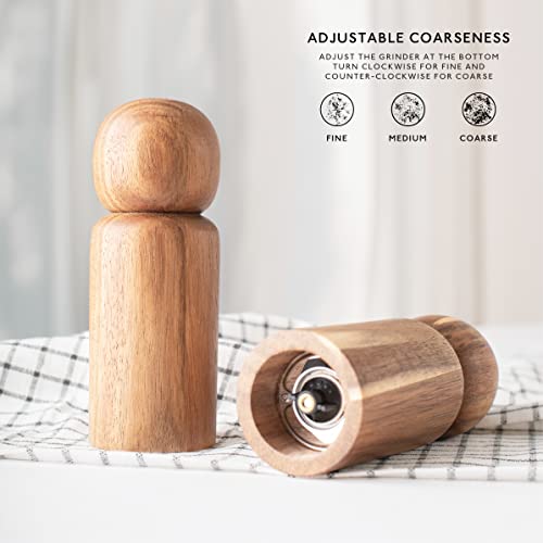 Monday Moose Manual Refillable Solid Acacia Wood Salt Shaker And Pepper Grinder Spice Mill Set Ceramic Rotor Steel Core With Strong Adjustable Coarseness (2Pcs - Shaker + Grinder, Small) #TOP2