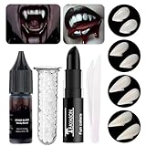 Go Ho Vampire Fangs Teeth with Adhesive and Fake Blood Makeup,Sticky Edible Blood,Black Lipstick,4 Pairs 4 Sizes Fangs,Vampire Accessories for Halloween Costumes Cosplay