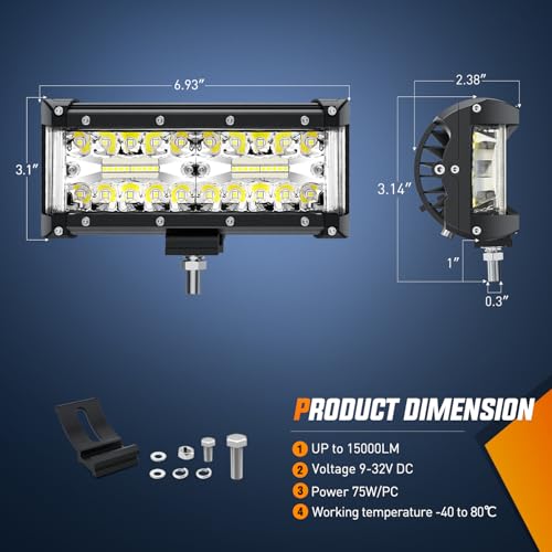 Image of Nilight Side Shooter Light Bar 7 Inch | Triple Row Design, Spot Flood Combo Work Off Road Lighting on Truck SUV ATV UTV