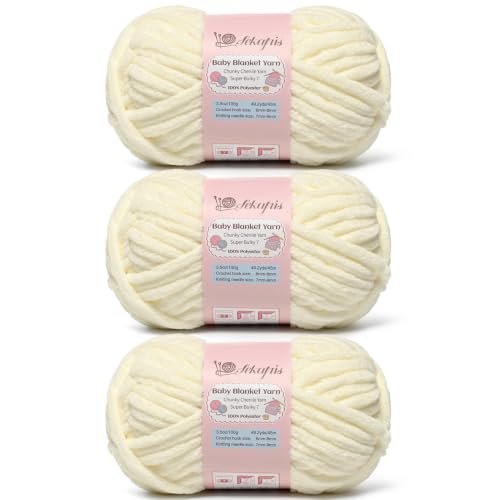 Image of 10.58 oz /147.6 yds Chunky Chenille Yarn for Crocheting, #7 Super Bulky Baby Blanket Yarn for Crocheting Soft, Fluffy Velvet Yarn for Knitting, Amigurumi Crochet Yarn for Crafts (3 Milky White)