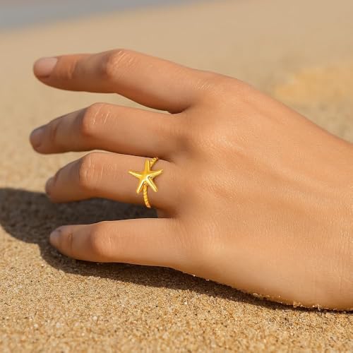 1PCS Starfish Ring, Gold Tone, Fashion Jewelry for Women, Trendy Accessories for Casual Wear, Stylish Adjustable Ring for Everyday Use (Golden)3